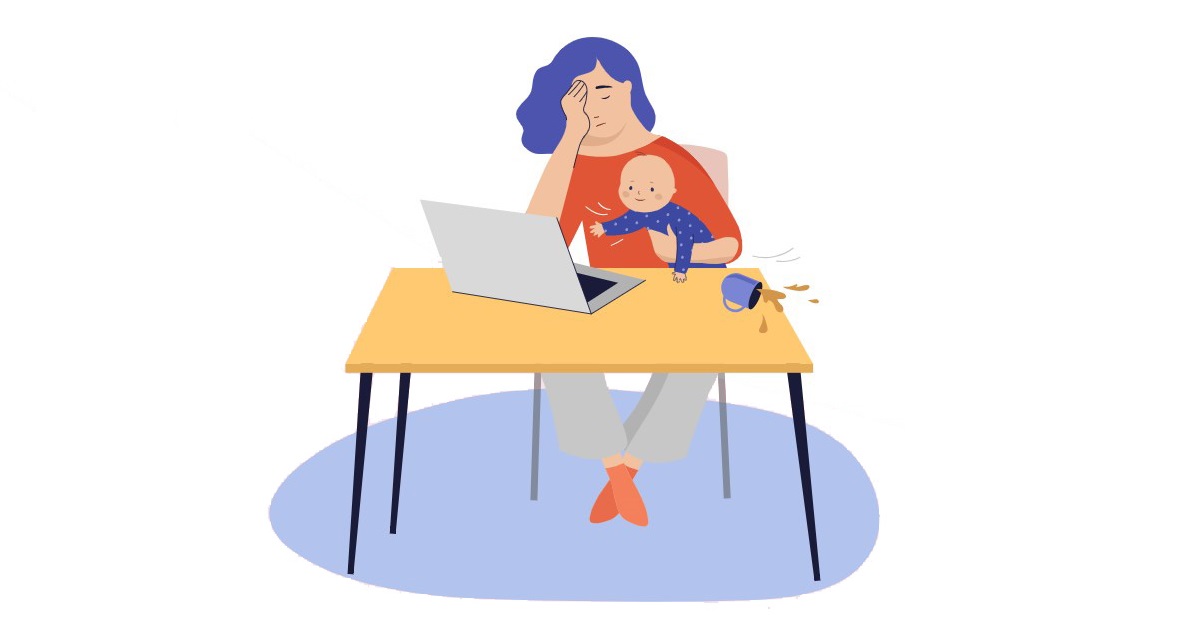 Animatieafbeelding met overbelaste vrouw met baby achter een laptop.